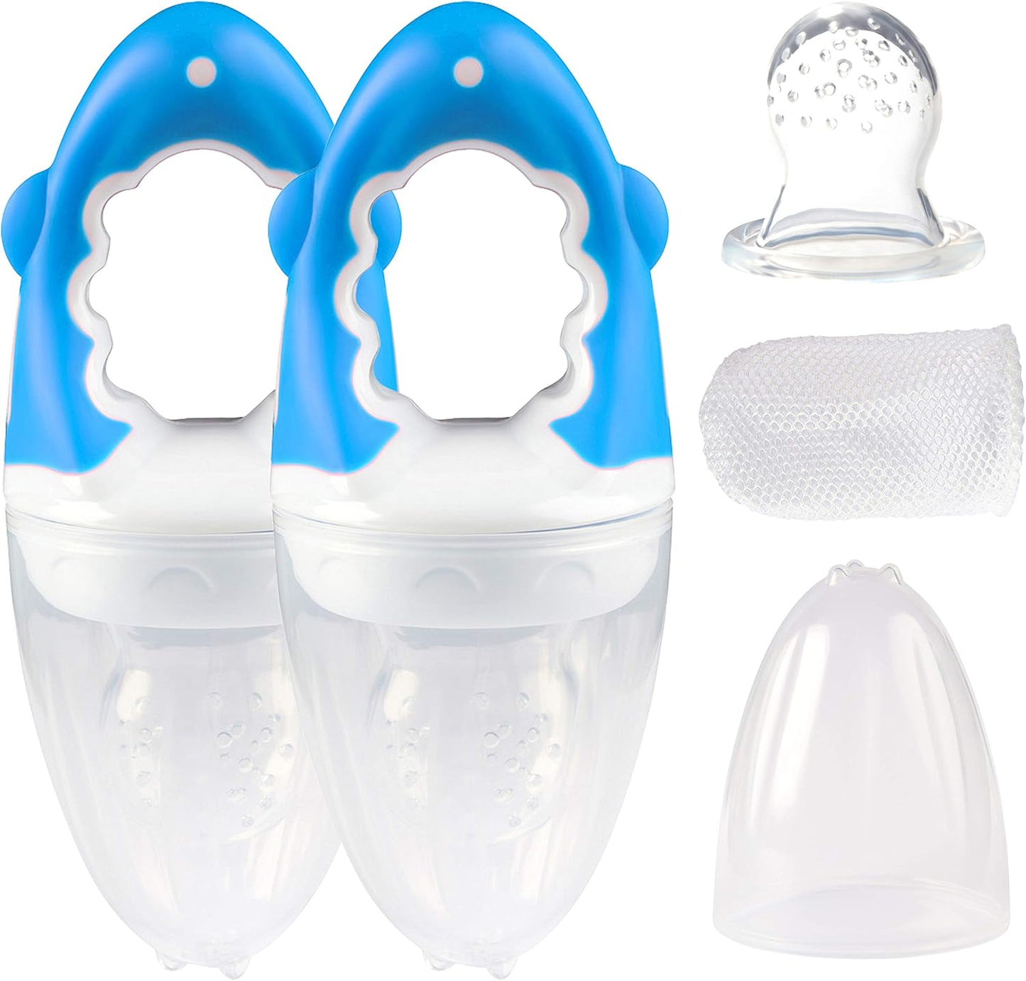 dentistar Comedouro de silicone para frutas e vegetais para bebês - a partir de 6 meses - pacote de 2 - conjunto de 5 peças (tampa protetora, tetina de silicone, rede, anel de parafuso, alça) - sem BPA - azul