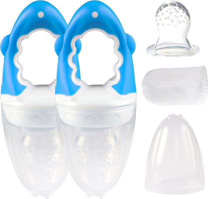dentistar Comedouro de silicone para frutas e vegetais para bebês - a partir de 6 meses - pacote de 2 - conjunto de 5 peças (tampa protetora, tetina de silicone, rede, anel de parafuso, alça) - sem BPA - azul