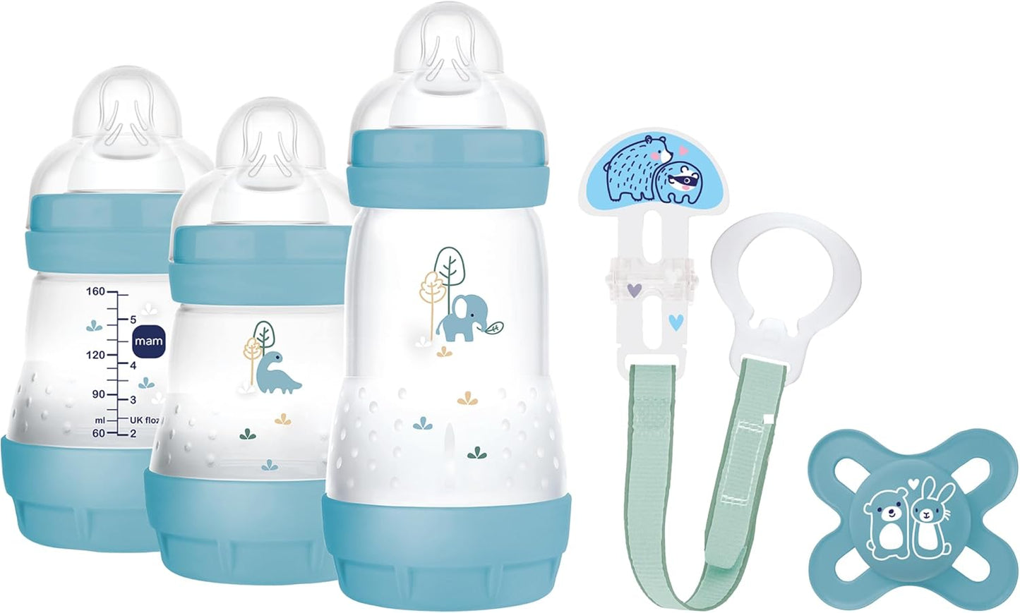 MAM Kit de presente Welcome to The World com 3 mamadeiras anticólicas, chupeta, prendedor de chupeta, azul claro