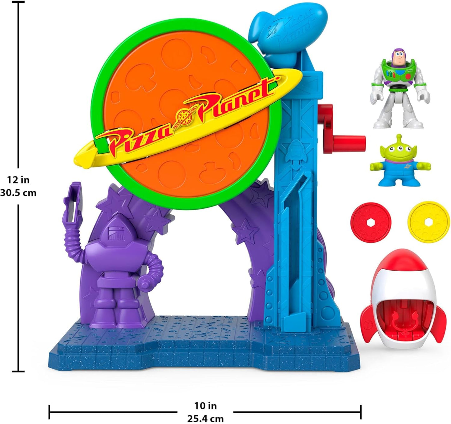 Fisher-Price Imaginext Disney e Pixar Toy Story Pizza Planet Playset com figuras de ação de Buzz Lightyear e seu amigo alienígena de 7,6 cm, foguete de brinquedo e projéteis, JKW20