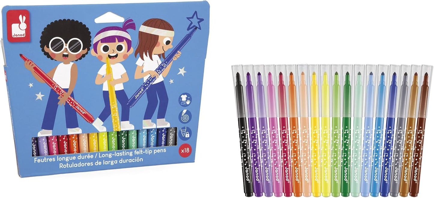 Janod - Canetas hidrográficas de longa duração - Ponta travada e cônica para diferentes espessuras de linha - Tinta lavável - Hobbies e artesanato criativos - Idades 3+