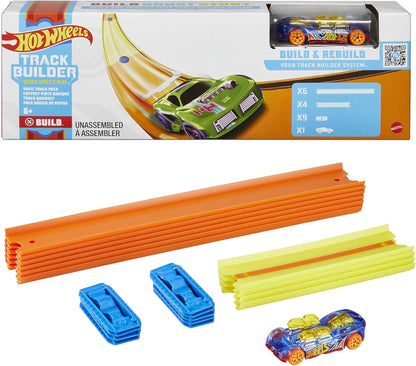 Hot Wheels Kit Inicial Track Builder Unlimited Basic Track Pack para Construções Adicionais com 10 Peças de Pista, 9 Conectores e um Carrinho Hot Wheels em Escala 1:64 para Crianças a partir de 6 Anos, GVG13