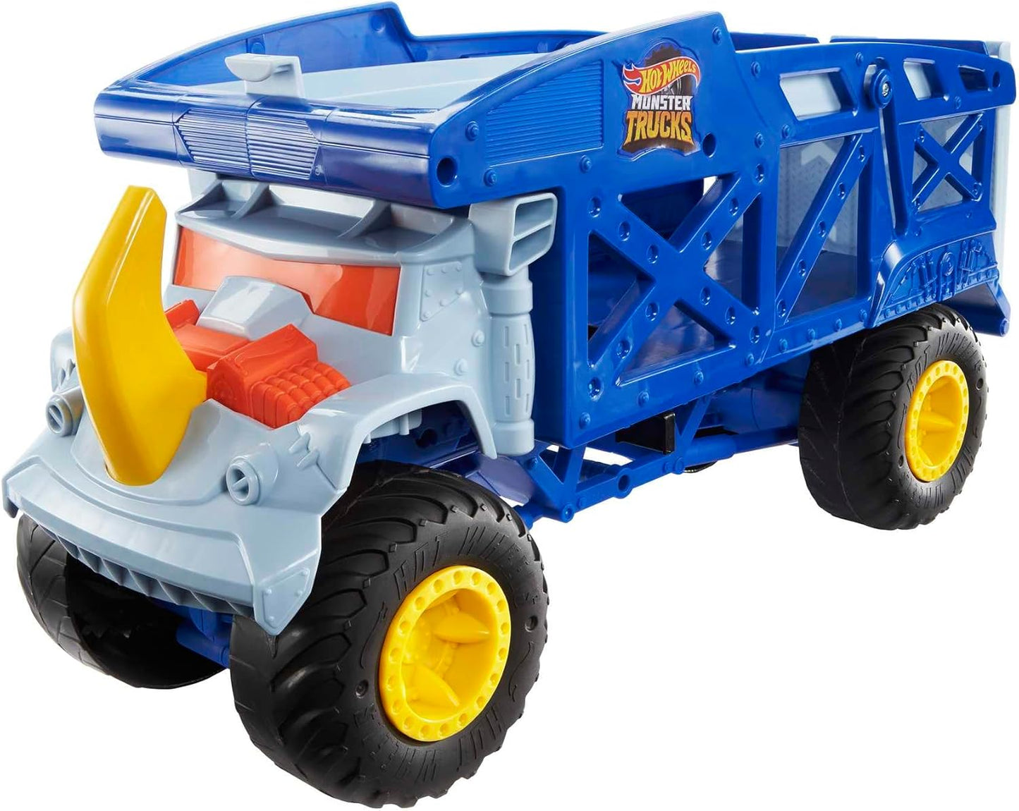 Hot Wheels Monster Trucks Monster Mover Rhino, Toy Car Hauler, comporta 12 Monster Trucks em escala 1:64 ou 32 Hot Wheels, com lançamento de rampa, presente para crianças de 3 anos ou mais, HFB13