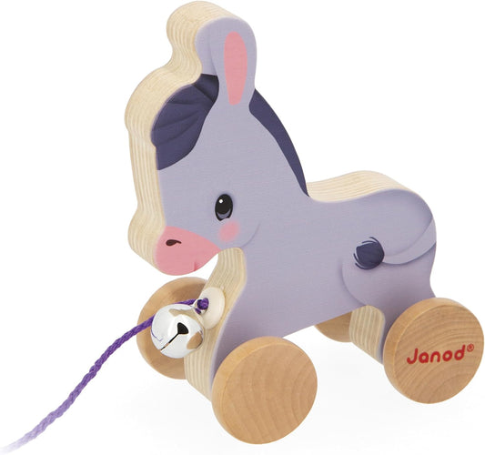 Janod - Burrinho de madeira com sininho - Brinquedo de puxar e empurrar - Treinamento de habilidades motoras e imaginação - Corda de 50 cm adequada para mãos pequenas - Certificado FSC - A partir de 12 meses, J03323