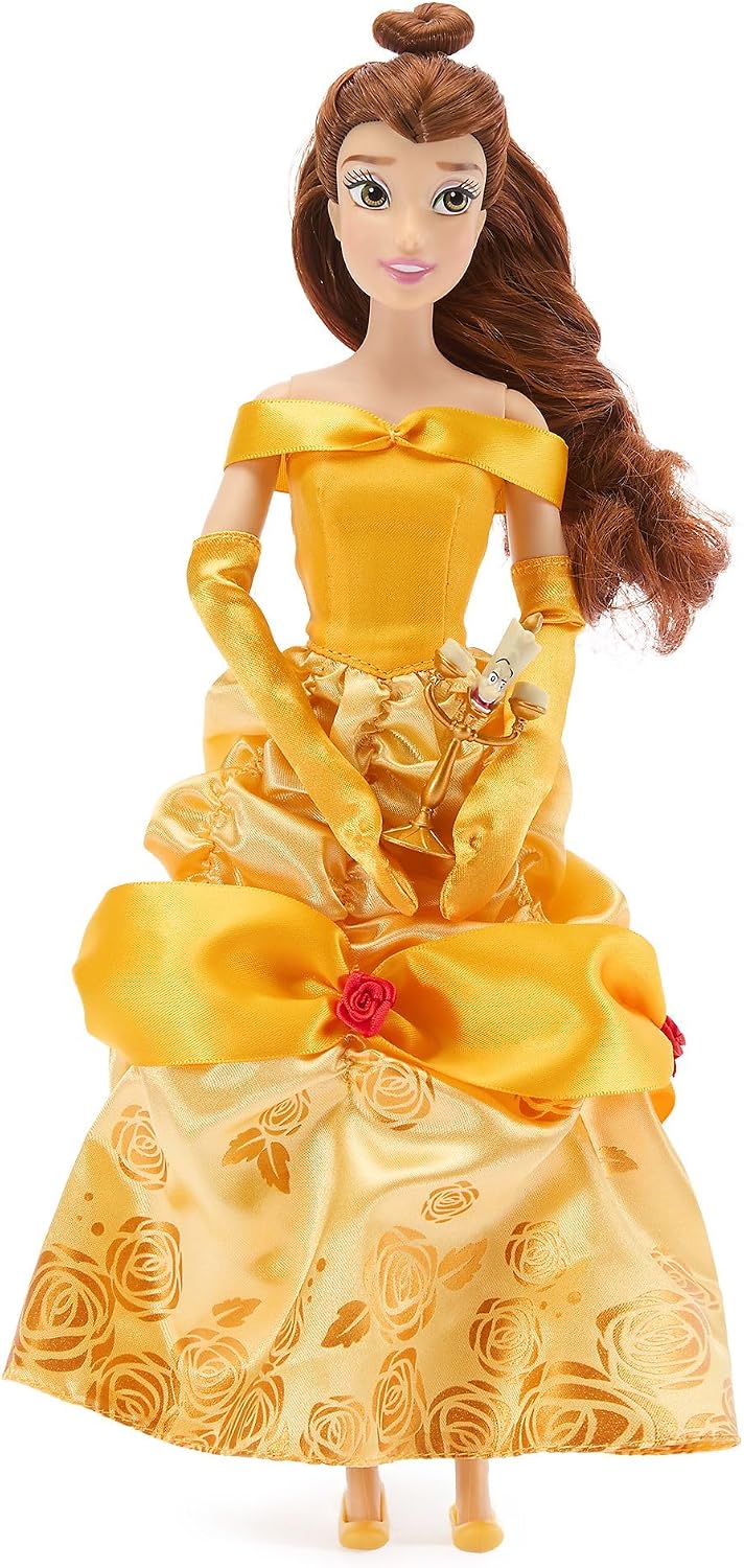 Disney Boneca Clássica Bela Store 30 cm – A Bela e a Fera, Vestido de Baile de Cetim Dourado e Articulada