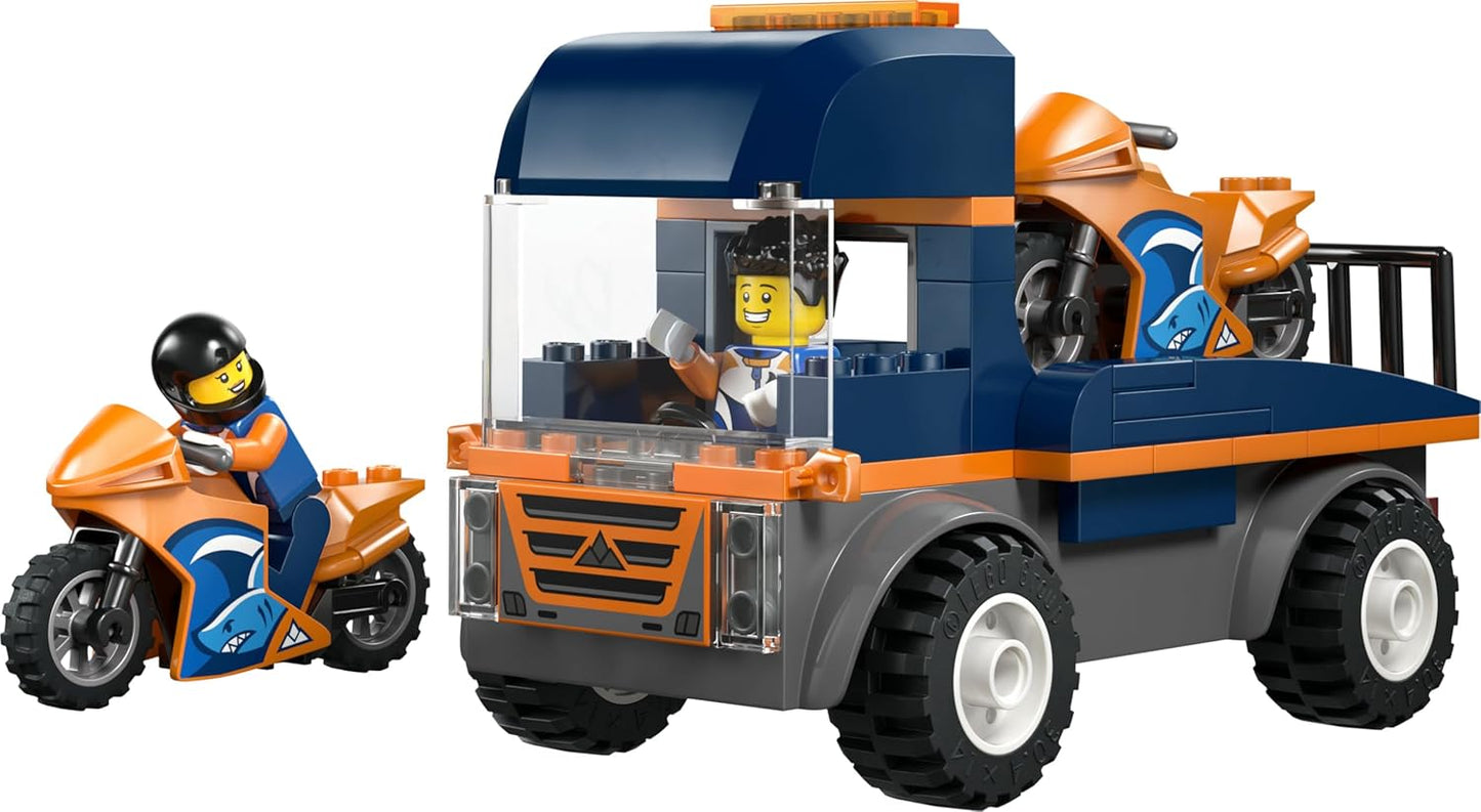 LEGO City Transportador de Motos - Brinquedo para Desenvolvimento da Coordenação Motora Fina com Caminhão Plataforma, 2 Motos, 2 Minifiguras, Rampa e Acessórios - Presente de Aniversário para Meninos a partir de 4 Anos - 60491