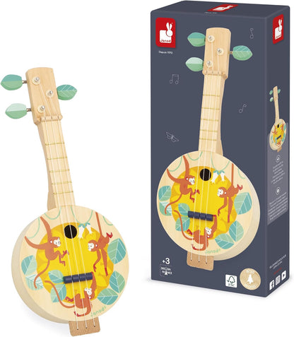 Janod - Banjo de madeira - Instrumento musical infantil - 3 cordas extras incluídas - Brinquedo de imitação musical - Guitarra banjo infantil - A partir de 3 anos - J07661