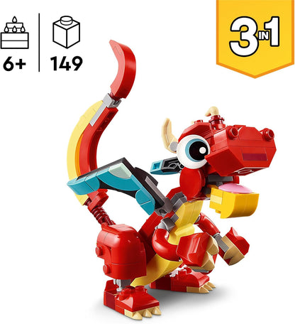LEGO Criador 3 em 1 Brinquedo Dragão Vermelho para Figura de Peixe para Modelo de Pássaro Fênix, Conjunto de Figuras de Animais, Presentes para Meninos, Meninas e Crianças de 6 Anos ou mais 31145
