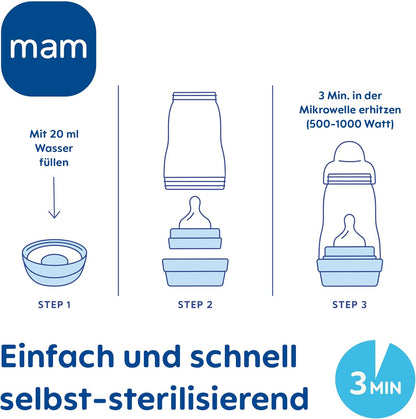MAM Kit Inicial Anticólica Autoesterilizante Easy Start Unissex para Recém-Nascidos (0+ anos) com Mamadeira e Chupeta, incluindo Bicos Extra Pequenos para Leite Materno, Essenciais para Recém-Nascidos, Cor: Bege Creme Amêndoa