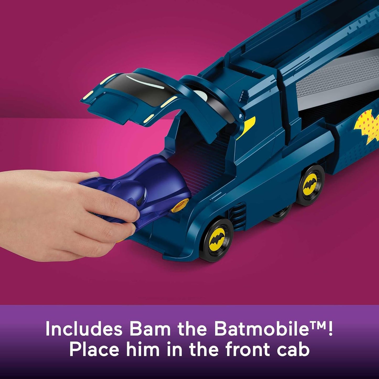 Caminhão de Brinquedos Fisher-Price DC Batwheels com Rampa e Batmóvel, Escala 1:55, Veículo de Brinquedo em Metal Fundido, para Crianças a partir de 3 Anos, HMX07