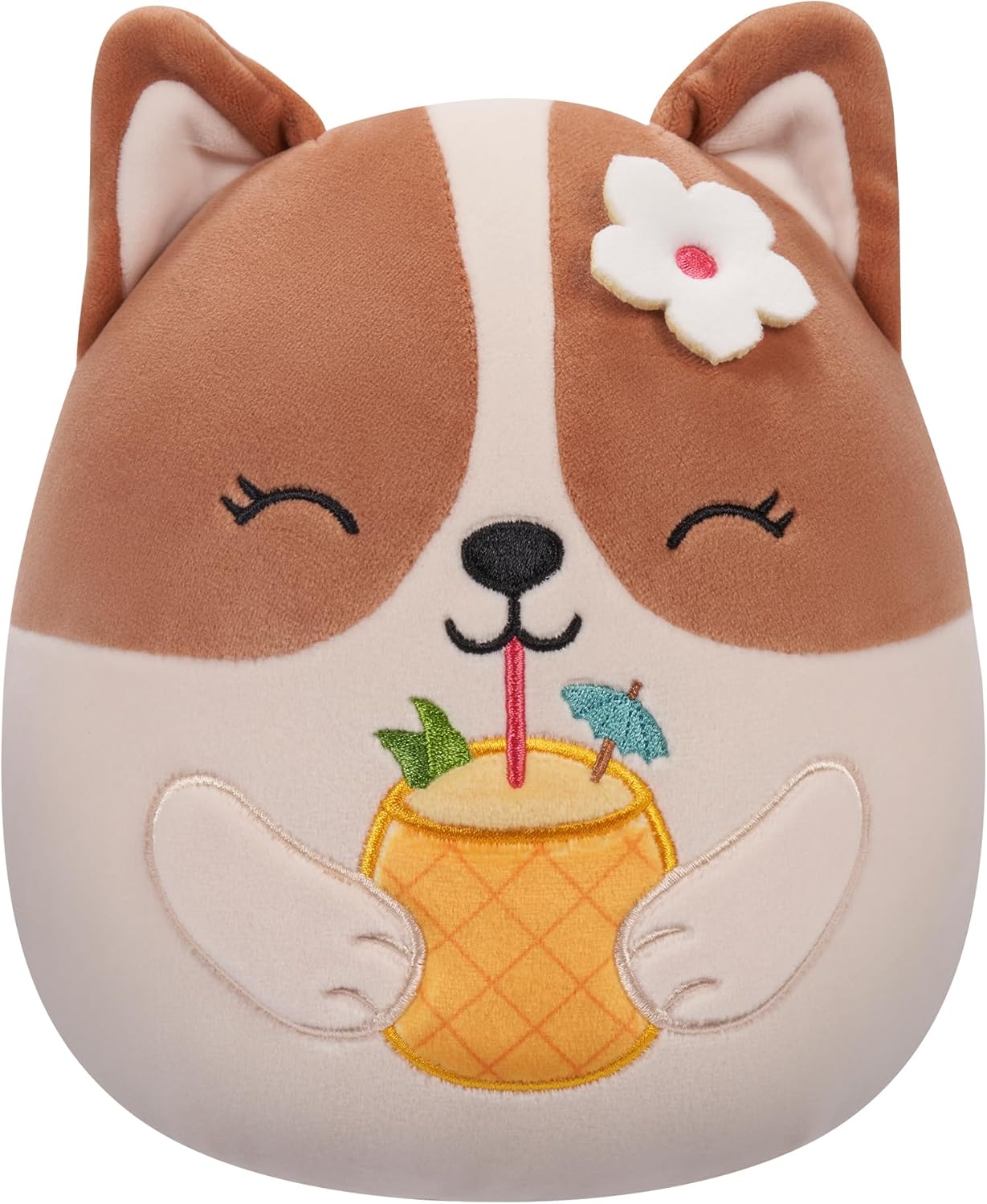 Squishmallows Original 7,5 Polegadas - Regina the Brown and White Corgi com Bebida de Abacaxi e Flor