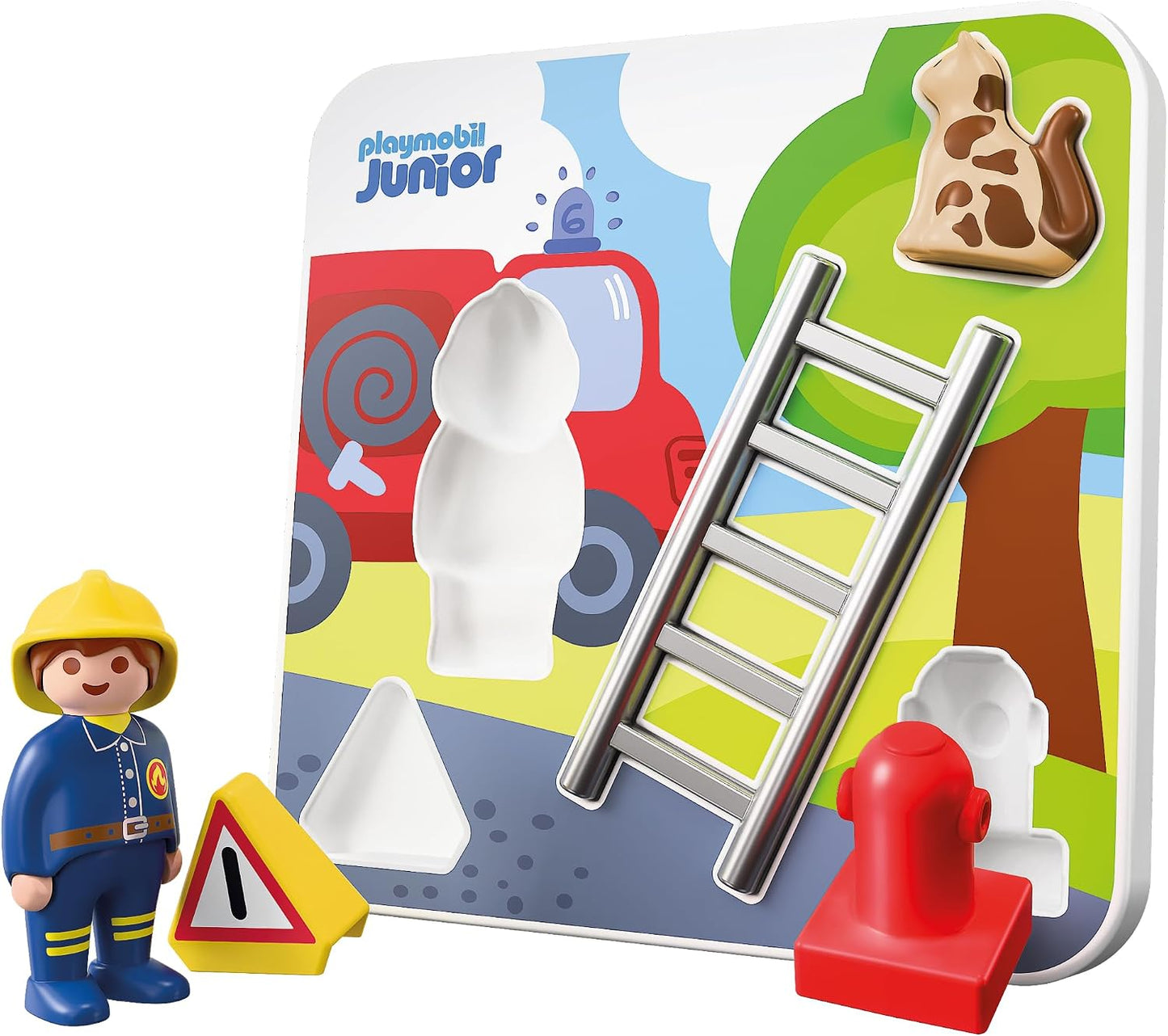 Playmobil | JUNIOR | JUNIOR: Quebra-cabeça de Bombeiro | Quebra-cabeça de madeira com bombeiro, gato e acessórios | Para crianças a partir de 1 ano | 72088