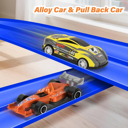 KETIEE Pista de corrida de 5m com 4 carrinhos: Pista de corrida flexível com rampas para carrinhos de brinquedo, enrolável e portátil, com saltos, loops e rampas para carrinhos de escala 1/64, para crianças a partir de 3 anos, azul.