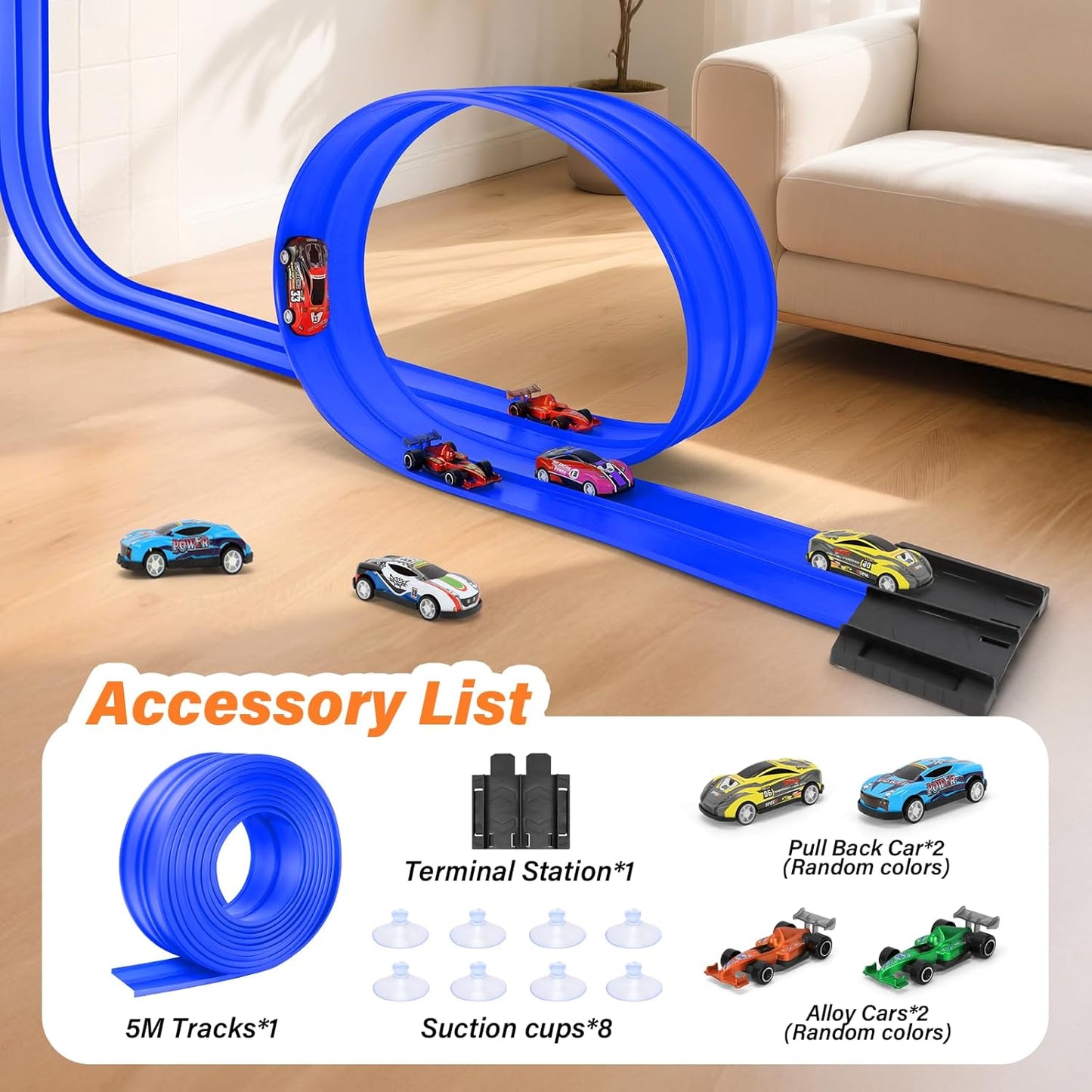 KETIEE Pista de corrida de 5m com 4 carrinhos: Pista de corrida flexível com rampas para carrinhos de brinquedo, enrolável e portátil, com saltos, loops e rampas para carrinhos de escala 1/64, para crianças a partir de 3 anos, azul.
