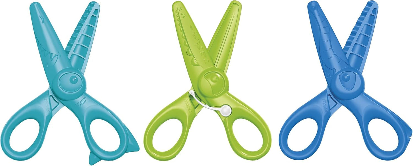 Janod - Conjunto de 3 tesouras com 3 formatos de corte - Pontas arredondadas e seguras - Lâminas de plástico - Ideal, Janod - Meus primeiros lápis de cera - 6 lápis de cera para bebês a partir de 12 meses - Adequado