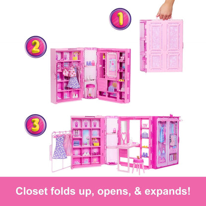 Barbie Conjunto de brinquedos Dream Closet com boneca loira, roupas e acessórios, 90 cm de largura com mais de 25 peças, 3 looks completos, HXD58
