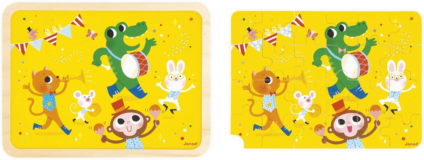 Janod - Quebra-cabeça de Madeira 24 Peças Infantil a partir de 4 anos - Modelo incluso + Jogo dos 5 Erros no Tabuleiro - Desenvolve Concentração e Observação - Produto FSC - J07125, Amarelo