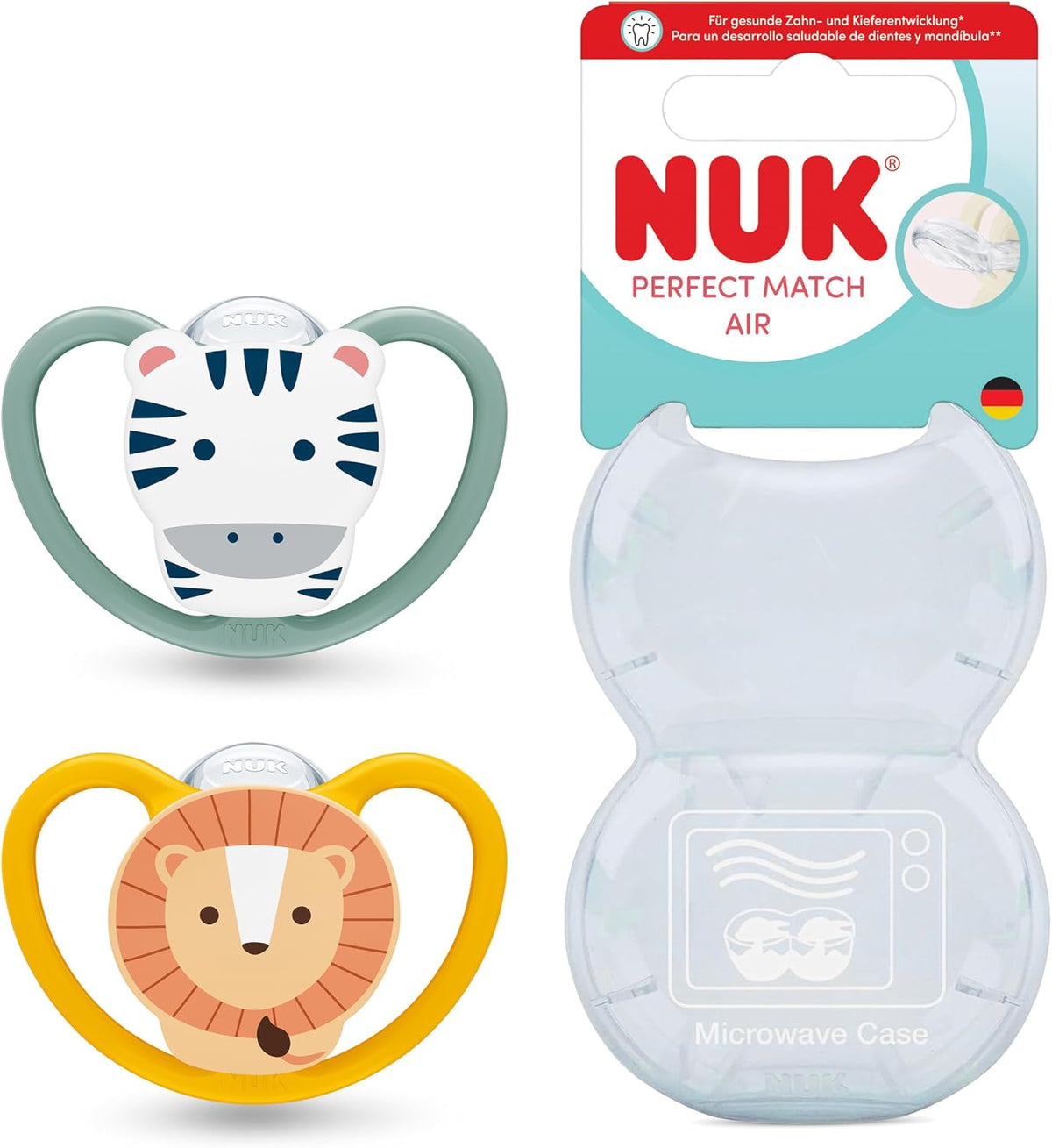 NUK Chupetas Perfect Match Air | 6-18 Meses | Chupetas Ortodônticas que Permitem a Circulação de Ar e Previnem Irritações pela Saliva | 95% de Aceitação pelos Bebês** | Leão e Zebra | Pacote com 2