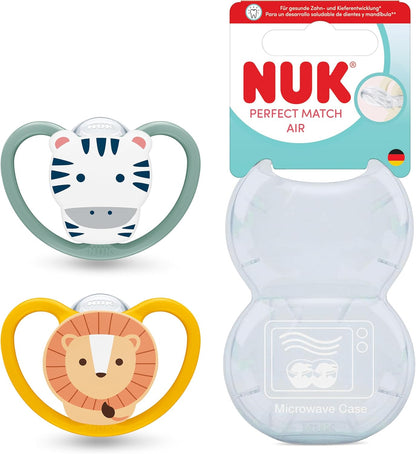 NUK Chupetas Perfect Match Air | 6-18 Meses | Chupetas Ortodônticas que Permitem a Circulação de Ar e Previnem Irritações pela Saliva | 95% de Aceitação pelos Bebês** | Leão e Zebra | Pacote com 2