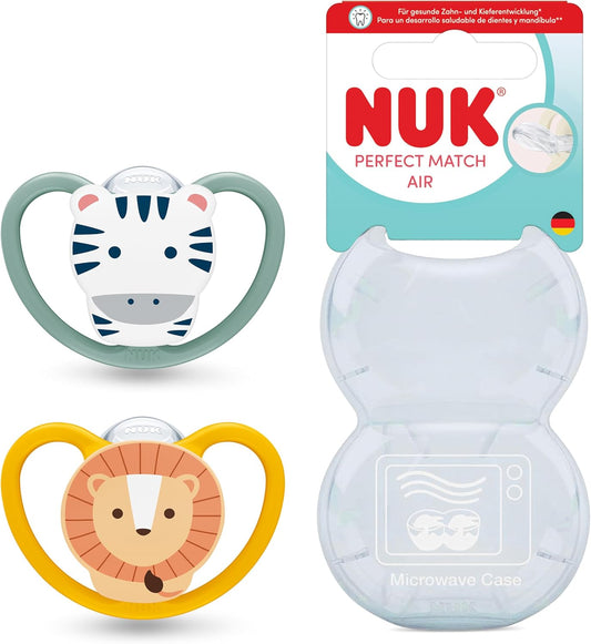 NUK Chupetas Perfect Match Air | 6-18 Meses | Chupetas Ortodônticas que Permitem a Circulação de Ar e Previnem Irritações pela Saliva | 95% de Aceitação pelos Bebês** | Leão e Zebra | Pacote com 2