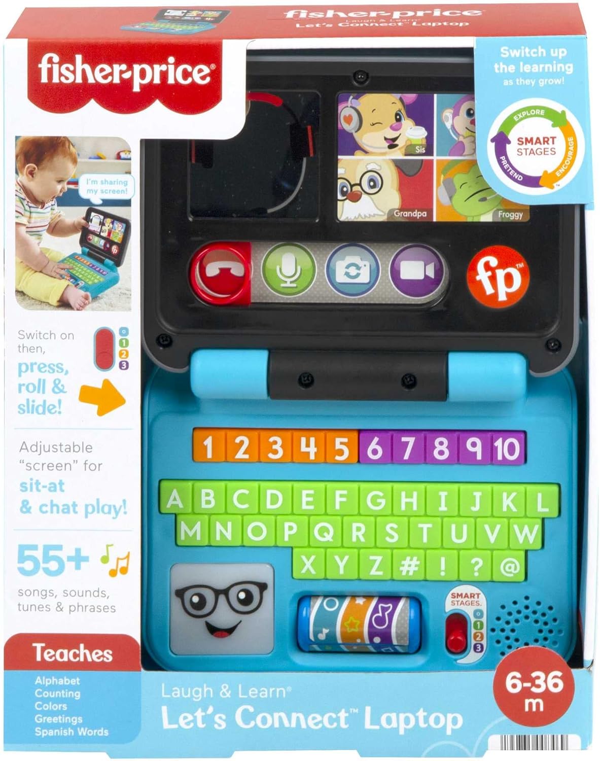 Laptop Fisher-Price Laugh & Learn Let's Connect - Edição em inglês do Reino Unido, brinquedo eletrônico com conteúdo de aprendizagem Smart Stages para bebês e crianças pequenas, HGW96