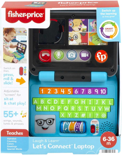 Laptop Fisher-Price Laugh & Learn Let's Connect - Edição em inglês do Reino Unido, brinquedo eletrônico com conteúdo de aprendizagem Smart Stages para bebês e crianças pequenas, HGW96