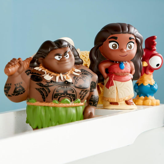 Juego de juguetes de baño Moana oficial de Disney Store, juego de 5 piezas, incluye Moana, Maui, Pua, Hei-Hei y Tamatoa, juguetes Moana con cubo de almacenamiento, apto para 6 meses en adelante