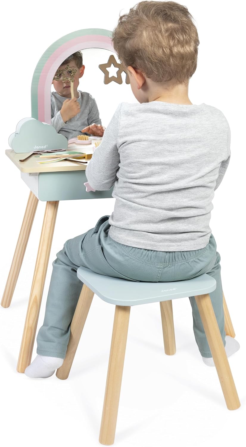 Janod - Penteadeira de menina - Tema unicórnio - Jogo de imitação - Penteadeira com espelho e banquinho de brinquedo - 10 acessórios - Dimensões 56,6 x 42,5 x 86,25 cm - A partir de 3 anos - J06464