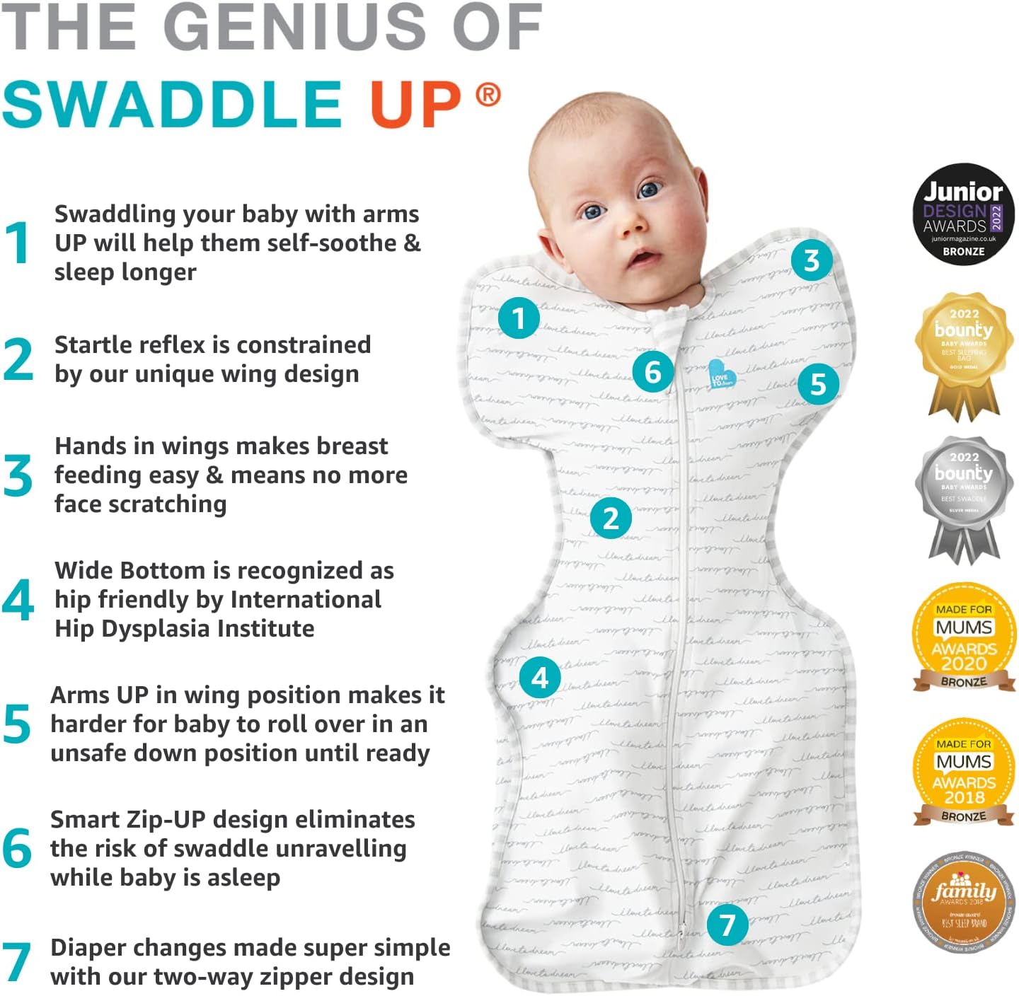 Love To Dream™ Swaddle UP™, Tamanho Pequeno (3,5-6 kg) - Branco | Ajuste perfeito, promove uma rotina de sono saudável | 2,5 Tog, ideal para inverno e outono (16-20 °C) | Algodão lavável à máquina com zíper duplo