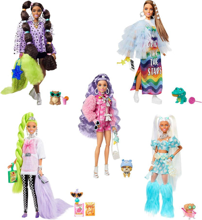 Barbie Pacote Extra com 5 bonecas com boneca Barbie Extra exclusiva, 70 peças de moda e acessórios, 5 bichinhos de estimação, cabelo extra longo e articulações flexíveis, 3 anos ou mais