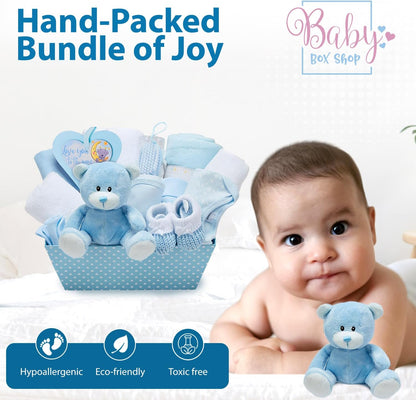 Cesta para Bebê Menino – Conjunto de 17 peças para recém-nascido com pelúcia | Ideal para chás de bebê, revelação de gênero e presente de batizado