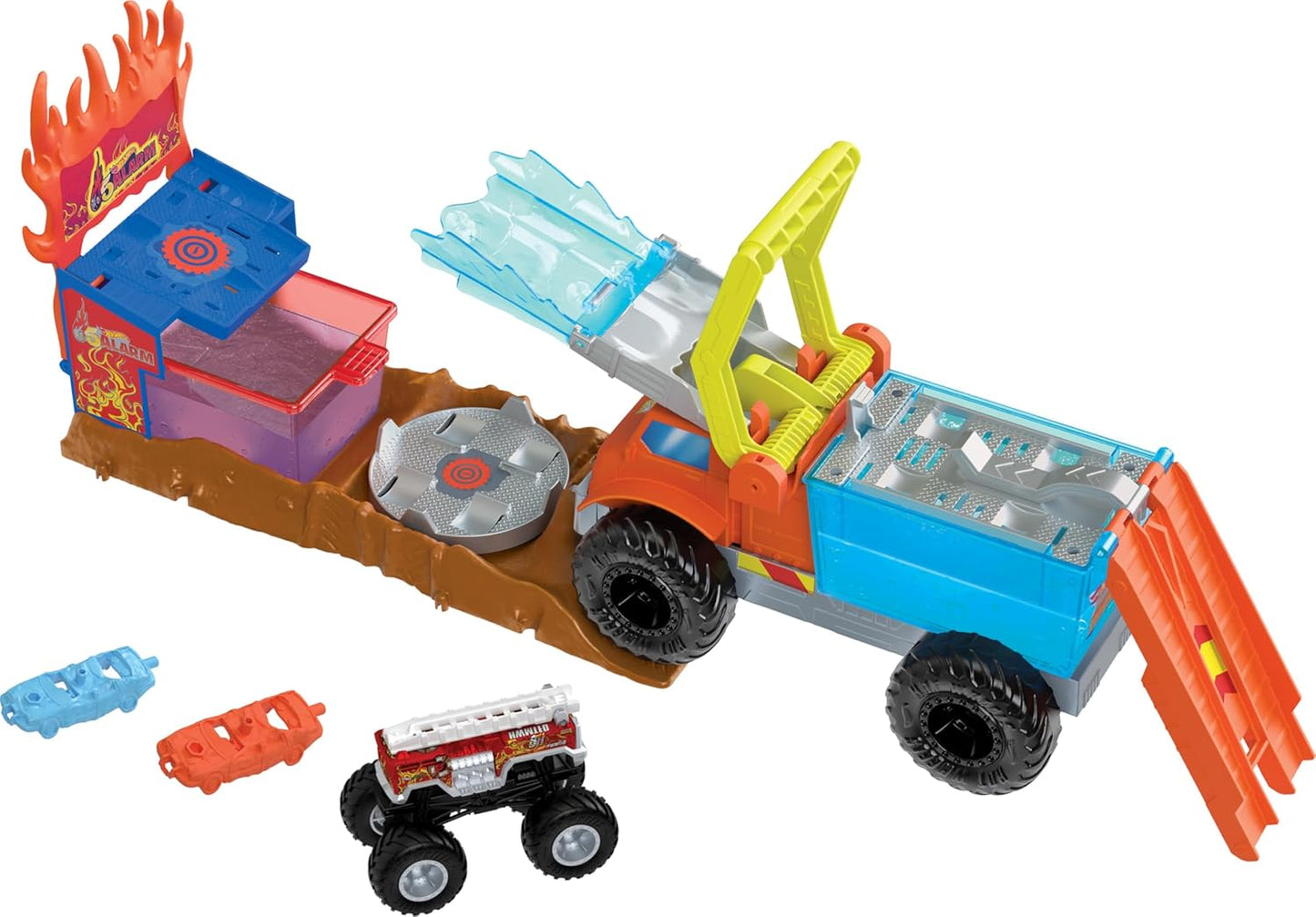 Hot Wheels Monster Trucks Arena Smashers Color Shifters Resgate de 5 Alarmes com 1 Monster Truck Color Shifter, 2 Carrinhos Destrutíveis e 1 Caminhão Semirreboque Destacável, HPN73