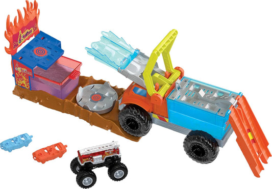 Hot Wheels Monster Trucks Arena Smashers Color Shifters Resgate de 5 Alarmes com 1 Monster Truck Color Shifter, 2 Carrinhos Destrutíveis e 1 Caminhão Semirreboque Destacável, HPN73