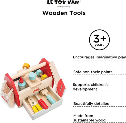 Le Toy Van - Carros e construção educacional Meu primeiro brinquedo de banco de ferramentas Conjunto de banco de ferramentas de madeira para dramatização | Finja brincar com ferramentas de madeira - adequado para crianças de 3 anos ou mais