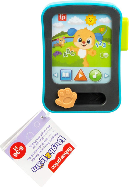 Brinquedo educativo para bebês Fisher-Price: Leitor de histórias em formato de cachorrinho com música e luzes, ideal para crianças a partir de 6 meses. Disponível em vários idiomas: inglês, francês e alemão. JFK28