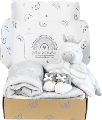 Baby Box Shop - Presentes personalizados para bebês - Cobertor de bebê personalizado e edredom de bebê zebra personalizado com botinhas de algodão cinza e branco, ideais para presentes de batizado