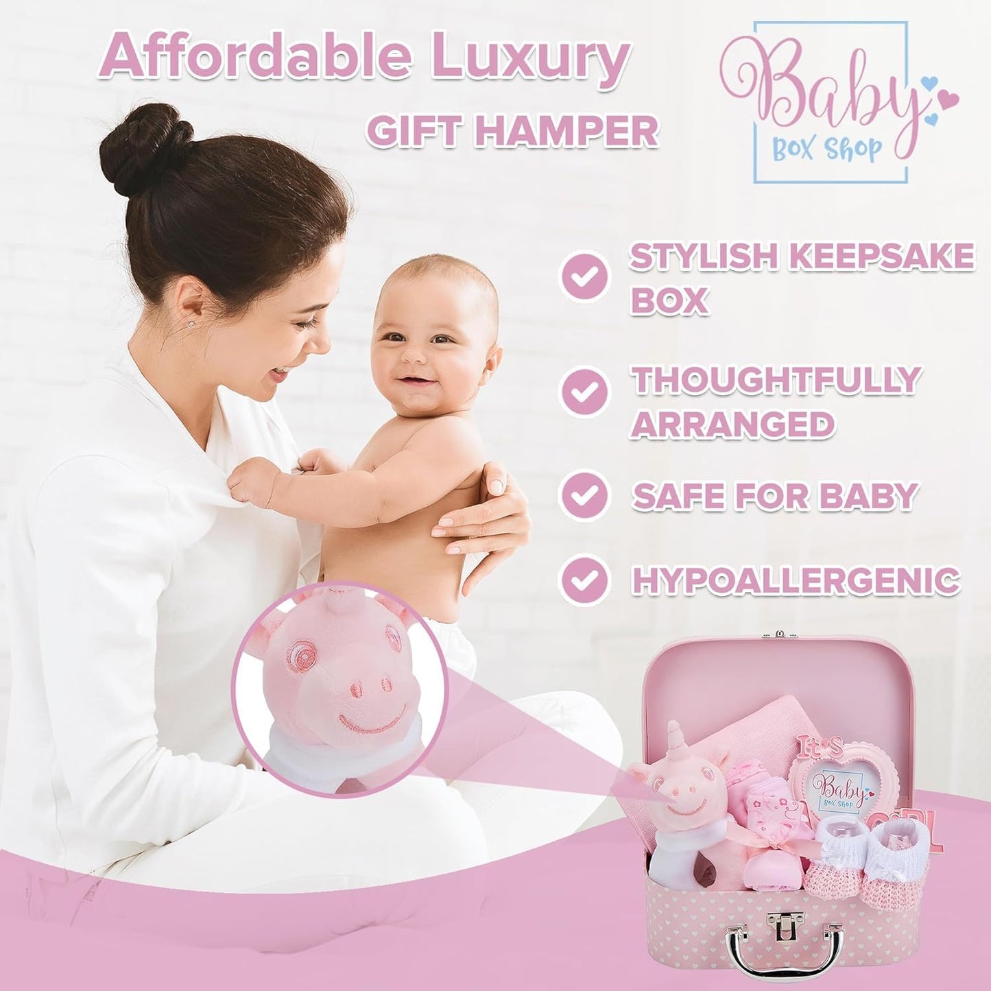 Baby Box Shop - Conjunto de presente para recém-nascidos - Cesta premium com chocalho para cachorro, porta-retratos, tecido de musselina, chá de bebê para recém-nascidos
