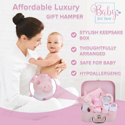 Baby Box Shop - Conjunto de presente para recém-nascidos - Cesta premium com chocalho para cachorro, porta-retratos, tecido de musselina, chá de bebê para recém-nascidos