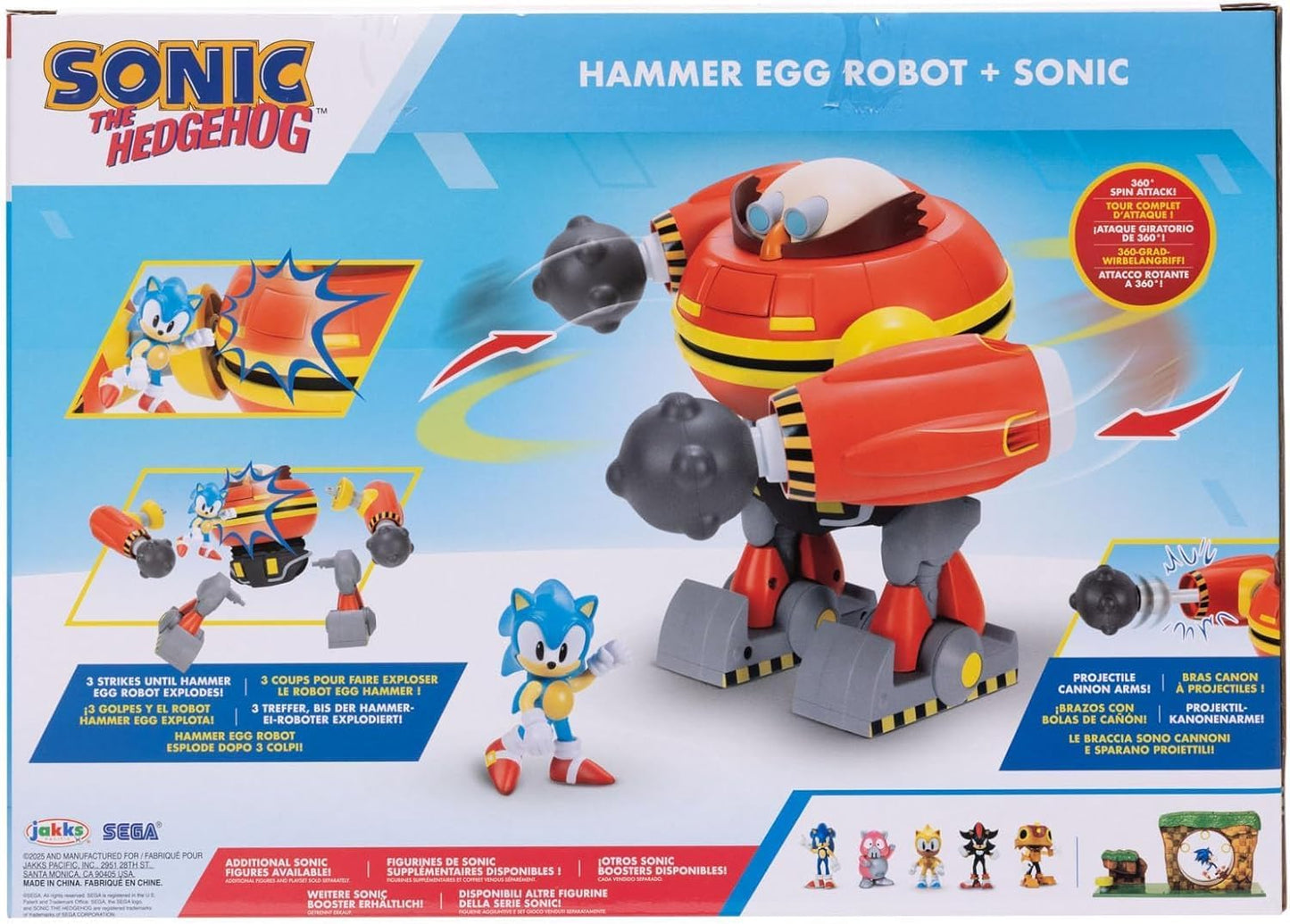 Conjunto de batalha do robô gigante Eggman do Sonic The Hedgehog, oficialmente licenciado pela Jakks Pacific, com 22,9 cm de altura, inclui o robô Eggman com canhão e uma figura do Sonic. Ideal para meninos.