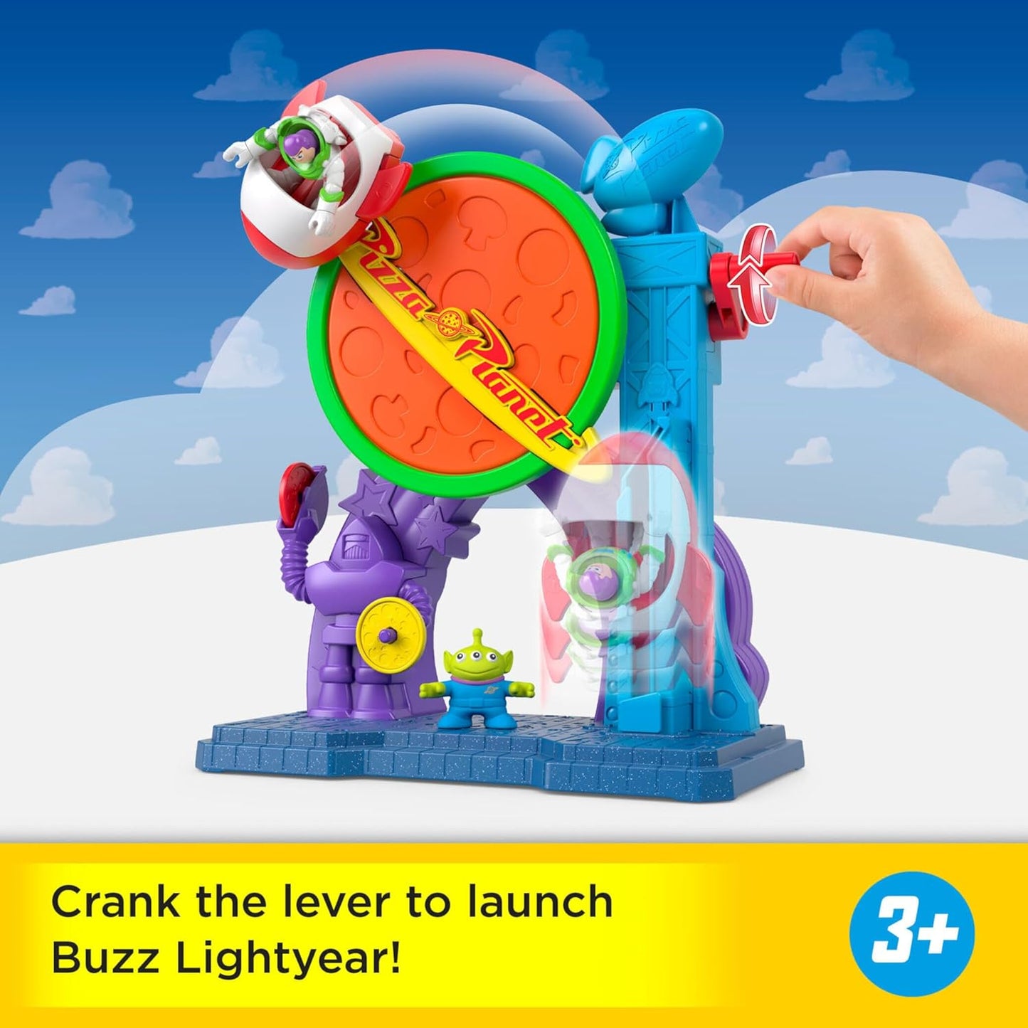 Fisher-Price Imaginext Disney e Pixar Toy Story Pizza Planet Playset com figuras de ação de Buzz Lightyear e seu amigo alienígena de 7,6 cm, foguete de brinquedo e projéteis, JKW20