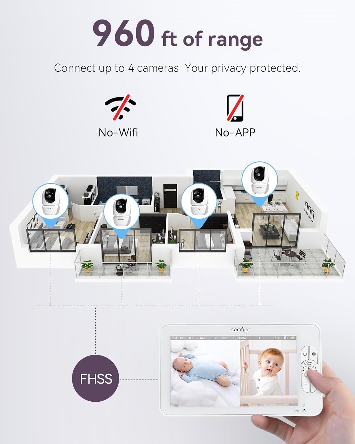 Monitor de bebê com câmera e áudio 1080p, monitor de vídeo HD 720p de 7" sem WiFi, bateria de 4000mAh, monitor de bebê de tela dividida mais confortável sem WiFi, 2 câmeras e visão noturna, monitor de bebê HD de 7" com suporte flexível