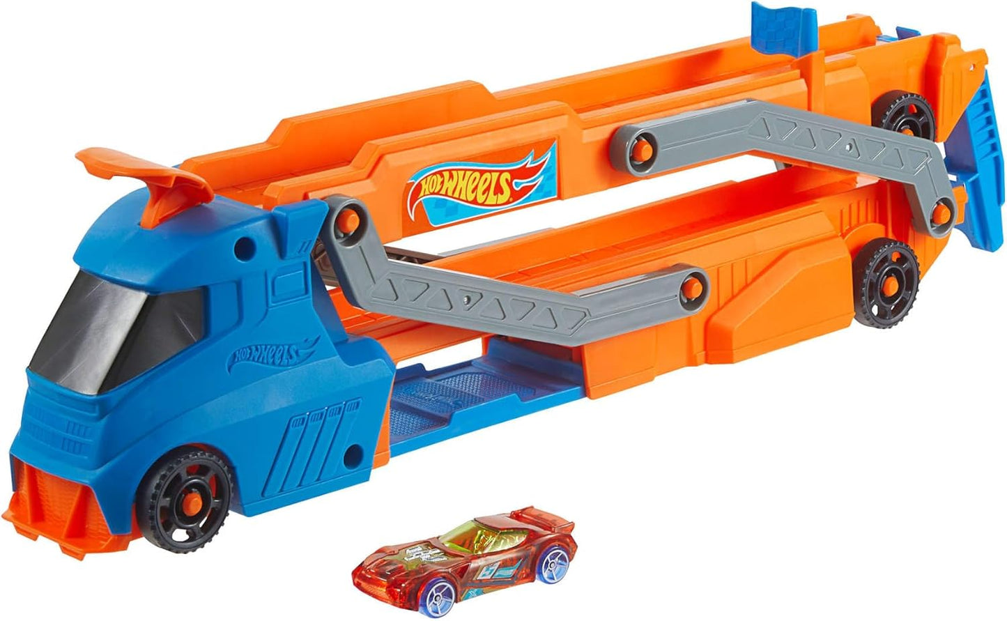 Hot Wheels Conjunto com carrinho, caminhão, reboque e pista em escala 1:64. O caminhão grande se transforma em uma pista de corrida de aproximadamente 76 cm com lançador, armazena até 9 carrinhos em escala 1:64 e conecta-se a outros conjuntos. HYT83