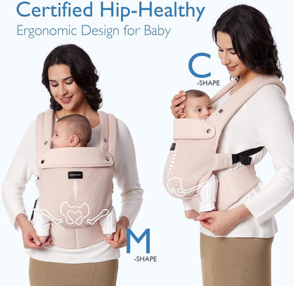 Momcozy Canguru em malha respirável, ergonômico e leve para bebês de 3 a 24 meses com suporte lombar reforçado, conforto durante todo o dia para que você possa cuidar do seu bebê com as mãos livres, malha respirável - rosa.