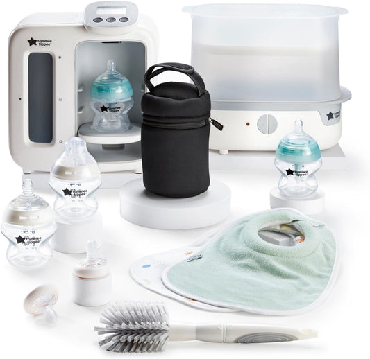 Tommee Tippee  Kit de alimentação com fórmula definitiva, esterilizador elétrico a vapor, mamadeiras autoesterilizantes para recém-nascidos e máquina de preparação perfeita para o dia e a noite, branco