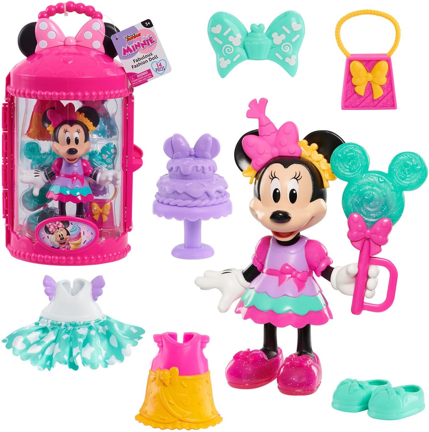 Just Play Minnie Mouse Moda Fabulosa, Boneca Festa Doce de 14 peças e Acessórios, Brinquedo Infantil para Crianças a partir de 3 Anos