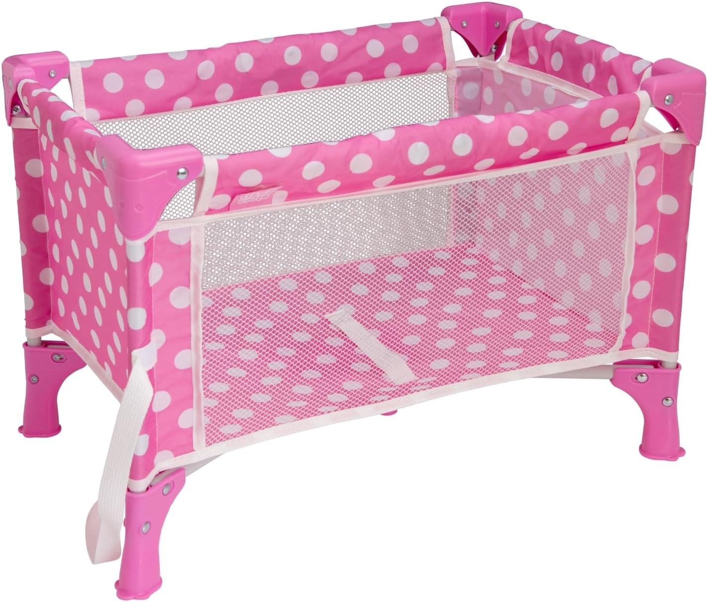 Berço de Viagem Rosa com Bolinhas para Bonecas | Berço de Viagem Dobrável para Bonecas | Berço e Acessórios para Berço de Bonecas | Carrinho de Bebê e Carrinho de Brinquedo para Bonecas | Perfeito para Crianças a partir de 3 Anos