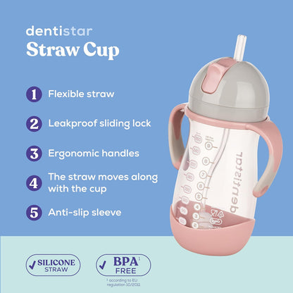 Dentistar Copo de canudo 260 ml, copo reutilizável à prova de vazamentos com canudo para maiores de 6 meses, copo para bebê com canudo pesado e escova de limpeza, materiais sem BPA - rosa