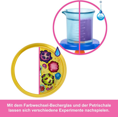 Barbie Boneca Cientista e Acessórios com Boneca Loira Fashion, Mesa de Laboratório, Microscópio, Copo que Muda de Cor e Acessórios para Placa de Petri, JCR70