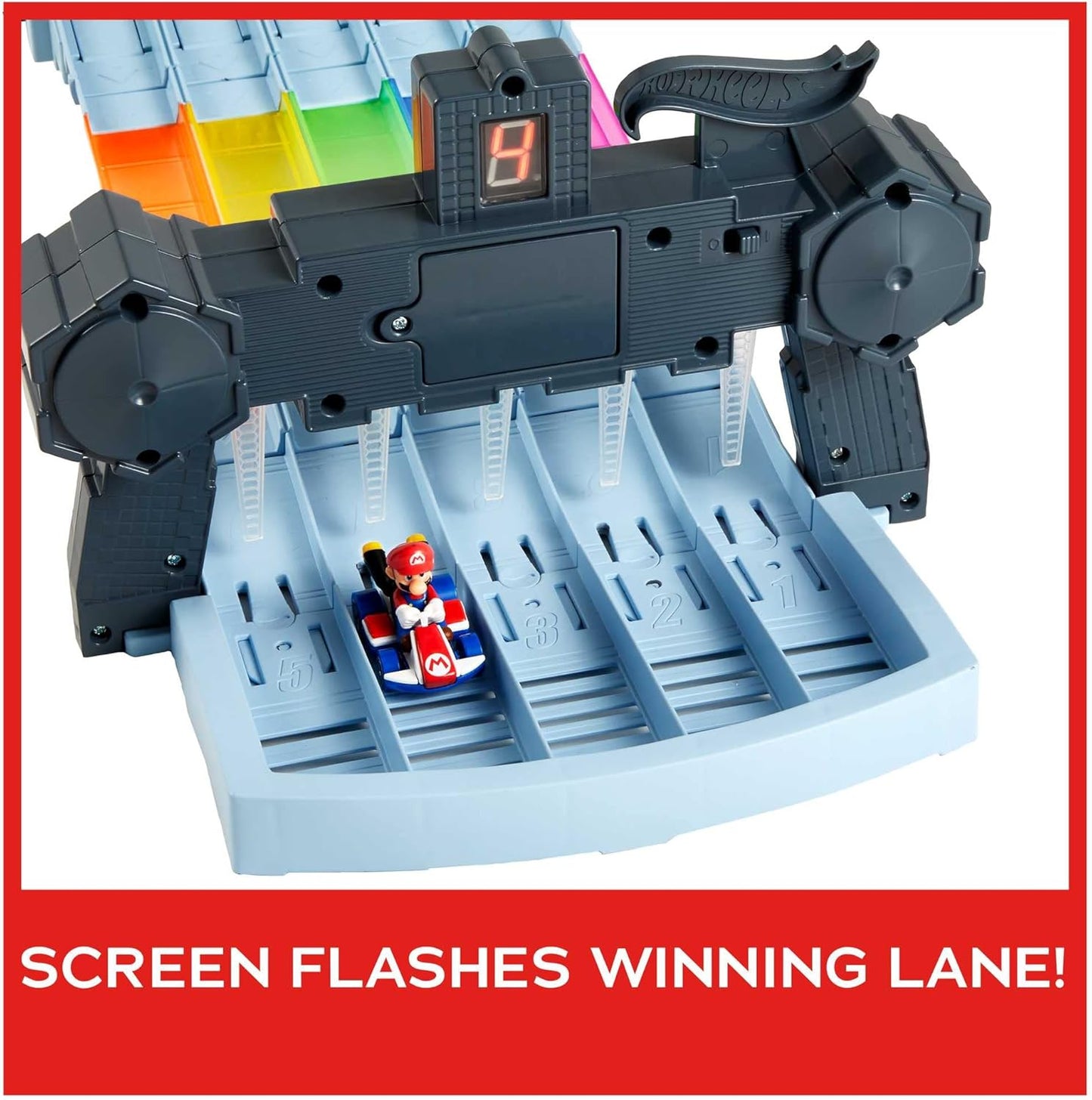 Pista Hot Wheels Mario Kart Rainbow Road Raceway de 2,4 metros com luzes e sons e 2 veículos em escala 1:64, brinquedo ideal para crianças a partir de 4 anos, GXX41