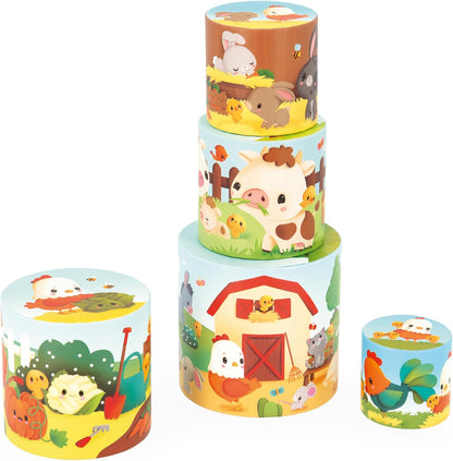 Janod - Minha Primeira Pirâmide - Animais de Fazenda - Brinquedo de Aprendizagem Precoce - 5 Cubos de Empilhamento + 1 Galinha de Madeira - Desenvolve Destreza e Imaginação - 12 Meses +,